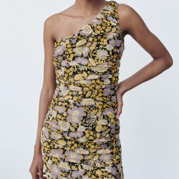 Zara One Shoulder Floral Mini Dress Women's Size X-Small NEW - Picture 2 of 12